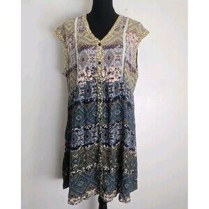 Oddi Shirt Dress Medium Mixed Print Crochet Detail Knee Length Boho Hippie